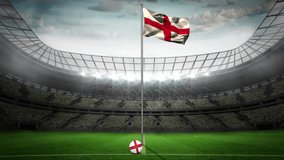 Animation of white map lines over flag on england and sports stadium. sports and competition concept digitally generated video.