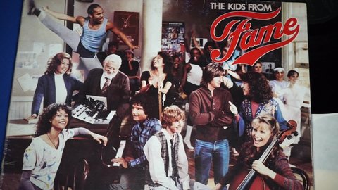 Rome, Italy - August 05, 2021, detail of the 33 rpm vinyl record The Kids from Fame, American television series by Christopher Gore, taken from the film directed by Alan Parker in the 80s.