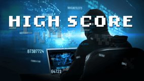 Animation of high score text and data processing over hacker using computer. video game, entertainment and digitial interface concept digitally generated video. - Powered by Shutterstock - Get 15% off with code: PIKWIZARD15