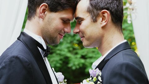 Storytelling footage of a wedding. Two lgbt men getting married and making the ceremony in a beautiful garden
