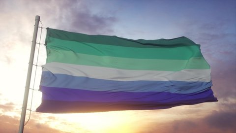 MLM pride flag waving in the wind, sky and sun background
