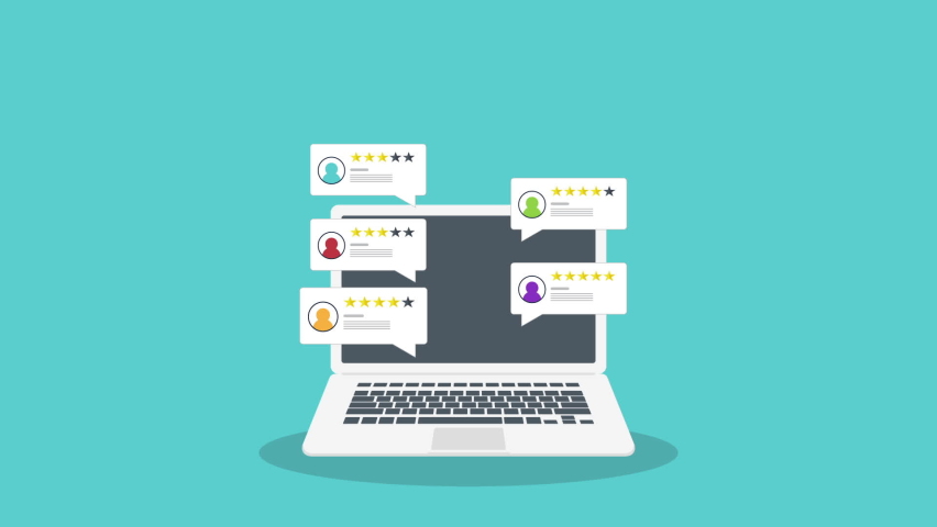 Review rating online on a laptop. Customer feedback testimonials. Digital reviews stars with good and bad rate experience.