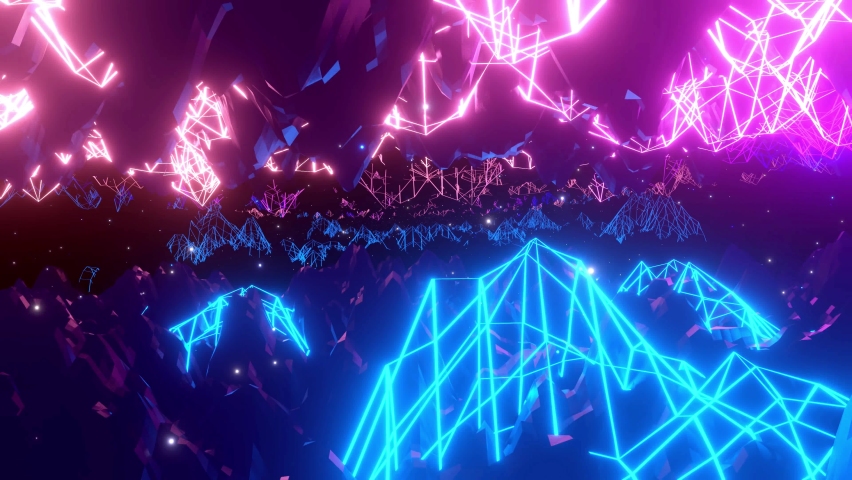 Vj loop abstract sci fi landscape. looped animation neon glow wareframes on surface in dark. Abstract sci fi cyber background with neon glow gradient color. Beautiful modern motion graphic bg.