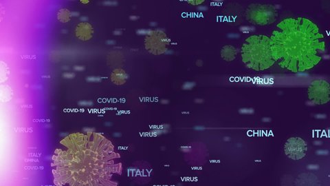 Animation of covid 19, virus text and country names over covid 19 cells on purple background. global covid 19 pandemic concept digitally generated video.