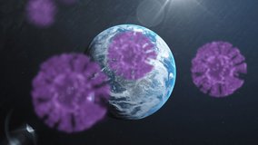 Animation of covid 19 cells floating over globe. global covid 19 pandemic concept digitally generated video.