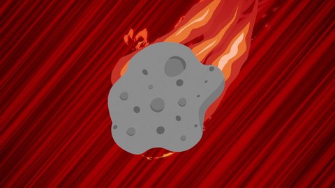 Flying asteroid on red background. Looped animation of falling meteoroid. Moving meteorite on dynamic abstract background. Animated meteor in motion. Anime style drawing of fireball. Falling star.