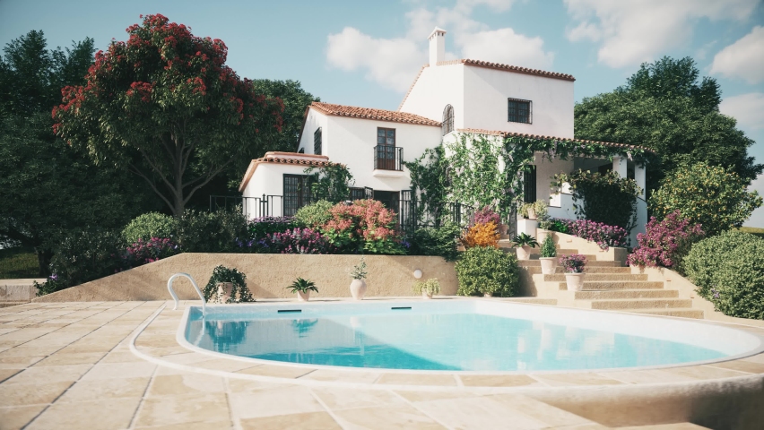 Villa with Pool and Garden. Spanish villa with pool. 3d visualization Royalty-Free Stock Footage #1077779849