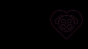 Glowing neon line Heart with dog icon isolated on black background. Pet paw in heart. Love to the animals. 4K Video motion graphic animation.