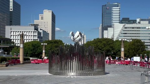 TOKYO, JAPAN - AUGUST 2021 : View of the Olympic Torch Flame Stand (Tokyo 2020 Summer Olympic Games) at Yume no Ohashi, Ariake area.