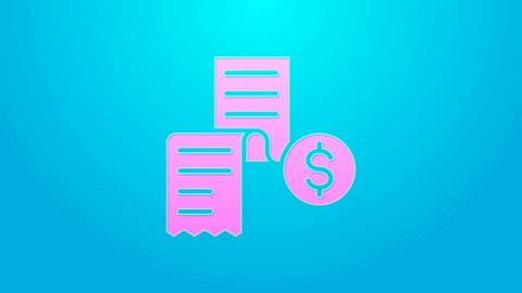 Pink line Paper or financial check icon isolated on blue background. Paper print check, shop receipt or bill. 4K Video motion graphic animation.