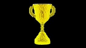 3D motion turntable gold voxel trophy glass on black background.