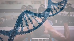 Animation of dna strand spinning and data processing over strong man exercising. global sports, fitness, healthy lifestyle and data processing concept digitally generated video.