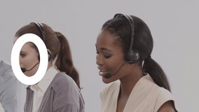 Animation of numbers changing over people wearing phone headsets. global business, digital interface and technology concept digitally generated video.