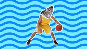Digitally generated. 4K Minimal animation motion design. Fish head on basketball player with ball. Pop mood. Man in stop motion, 2D, modern, conceptual, contemporary pop art collage. Sport concept