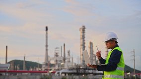 Engineer wearing safety uniform and helmet looking detail notebook on hand and radio communication with oil refinery factory at night time background.