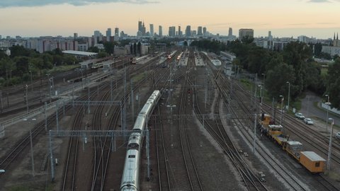 Aerial panorama of Warsaw city during sunset. View from Warsaw East train station side.