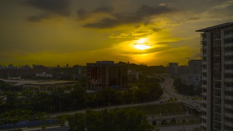 Timelapse of beautiful sunset over Putrajaya city high angle view of Putra Perdana, Prime minister office