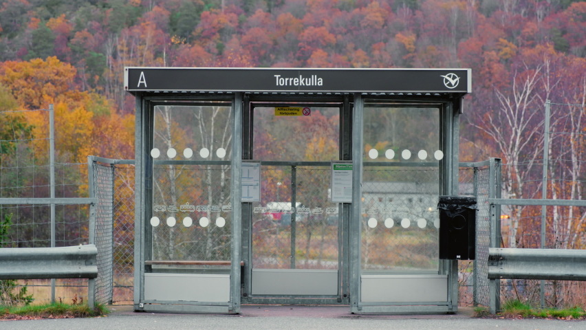 Bus stop along road outside Gothenburg.