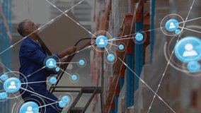 Network of digital icons against caucasian senior male worker working at warehouse. logistics and transportation business concept - Powered by Shutterstock - Get 15% off with code: PIKWIZARD15
