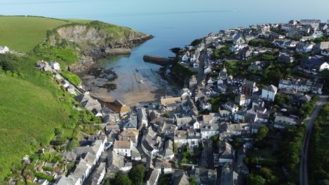 Aerial shot of Port Isaac, coastal town in Cornwall, UK