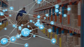 Network of digital icons against rear view of senior male worker pulling a pallet at warehouse. logistics and transportation business concept - Powered by Shutterstock - Get 15% off with code: PIKWIZARD15