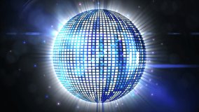 Animation of spot lights moving over spinning mirror disco ball. party, celebration, music and entertainment concept digitally generated video.