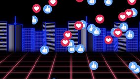 Animation of social media hearts and thumbs up icons over cityscape. global social media, connections, communication and technology concept digitally generated video. - Powered by Shutterstock - Get 15% off with code: PIKWIZARD15