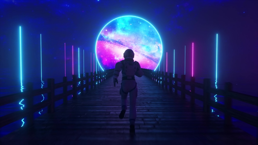 Astranaut runs along the endless wooden bridge across the ocean to his dream. Space circle with neon lighting ahead. 3D animation of seamless loop Royalty-Free Stock Footage #1077814559