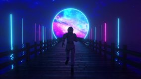 Astranaut runs along the endless wooden bridge across the ocean to his dream. Space circle with neon lighting ahead. 3D animation of seamless loop - Powered by Shutterstock - Get 15% off with code: PIKWIZARD15