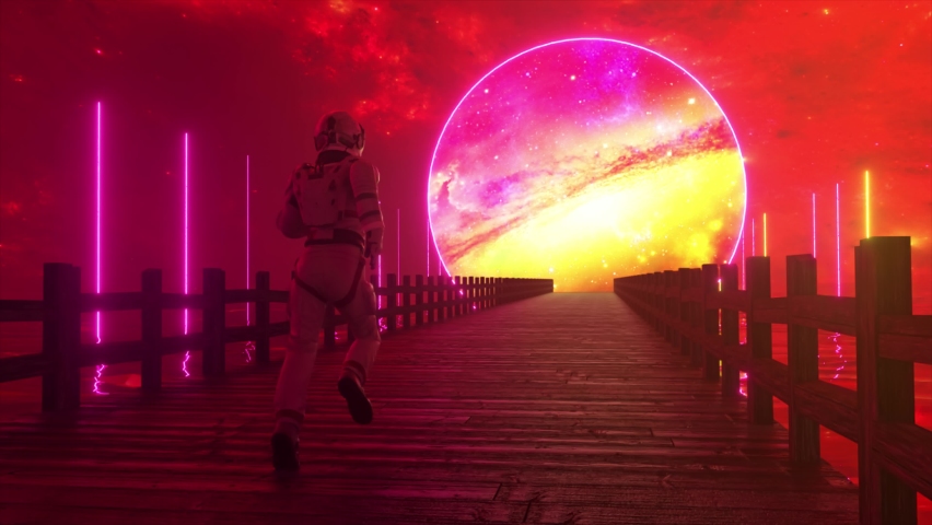 Astranaut runs along the endless wooden bridge across the ocean to his dream. Space circle with neon lighting ahead. 3D animation of seamless loop