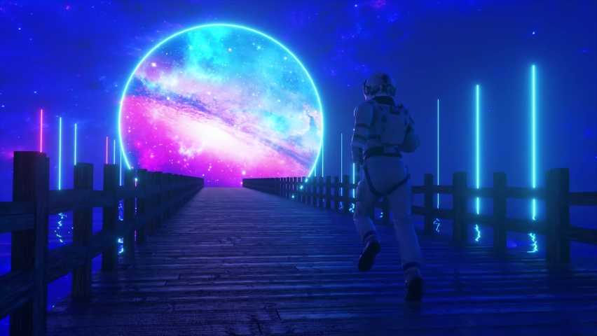 Astranaut runs along the endless wooden bridge across the ocean to his dream. Space circle with neon lighting ahead. 3D animation of seamless loop