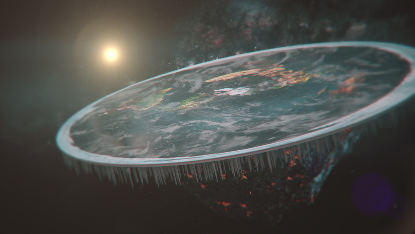 Flat Earth in cosmos. Close-up of fast rotating flat Earth in space. A Flat Earth model with Antarctica as an ice wall surrounding a disc-shaped planet. Modern flat Earth animation in universe. 3D Royalty-Free Stock Footage #1077815348