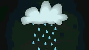 Animation of blue raindrops falling from light grey cloud on dark grey background. nature, weather and change concept digitally generated video.