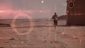 Animation of digital screen and data processing over fit man running by seaside. global sports, fitness and data processing concept digitally generated video.