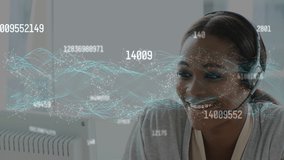 Animation of network of connections over businesswoman with headset in office. global business, connections, data processing and technology concept digitally generated video.