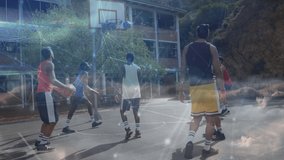 Animation of network of connections over basketball match in gym. global sports, fitness and data processing concept digitally generated video.
