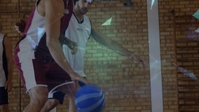 Animation of globe over basketball players in gym. global sports, fitness and data processing concept digitally generated video.