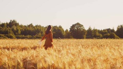 Pregnant woman in the rays of the sunset. Beautiful young girl is walking in the field expecting the birth of a child. The concept of motherhood and pregnancy.