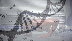 Animation of dna strand over muscular man exercising. sport and competition concept digitally generated video.