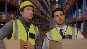 Animation of data processing over men working in warehouse. global shipping, delivery and connections concept digitally generated video.