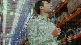 Animation of data processing over man writing on clipboard in warehouse. global shipping, delivery and connections concept digitally generated video. - Powered by Shutterstock - Get 15% off with code: PIKWIZARD15