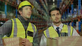 Animation of data processing over men working in warehouse. global shipping, delivery and connections concept digitally generated video.
