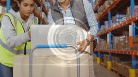 Animation of scope scanning and data processing over man and woman working in warehouse. global shipping, delivery and connections concept digitally generated video. - Powered by Shutterstock - Get 15% off with code: PIKWIZARD15