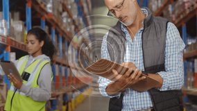 Animation of scope scanning and data processing over man and woman writing on clipboard in warehouse. global shipping, delivery and connections concept digitally generated video. - Powered by Shutterstock - Get 15% off with code: PIKWIZARD15
