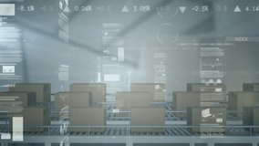 Animation of financial data processing over boxes on conveyor belts in warehouse. global shipping, delivery and connections concept digitally generated video. - Powered by Shutterstock - Get 15% off with code: PIKWIZARD15
