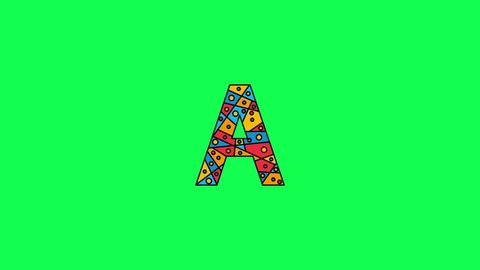 Letter A. Animated unique font made of circles and triangles, polygons. Bauhaus geometric mosaic style. Bright colors. Letter A for icons, logos, interface elements. Green chromakey background, 4K