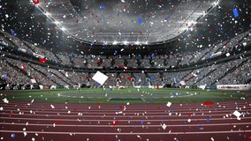 Animation of blue and red confetti falling over sports stadium. patriotism and celebration concept digitally generated video.