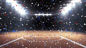 Animation of blue and red confetti falling over sports stadium. patriotism and celebration concept digitally generated video.