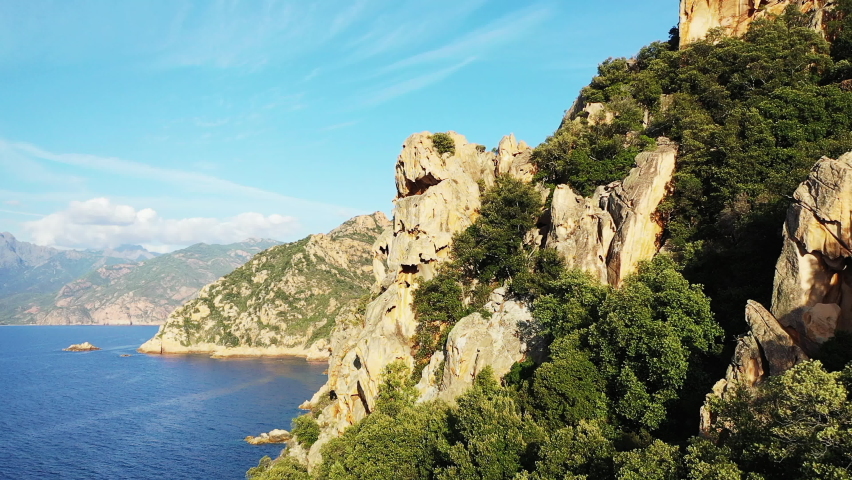 The yellowish rocks and trees of the Calanques de Piana on the Mediterranean Sea in Corsica, France and in summer.