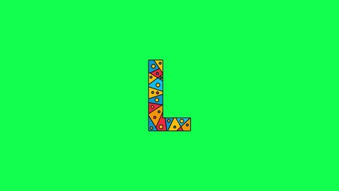 Letter L. Animated unique font made of circles and triangles, polygons. Bauhaus geometric mosaic style. Bright colors. Letter L for icons, logos, interface elements. Green chromakey background, 4K